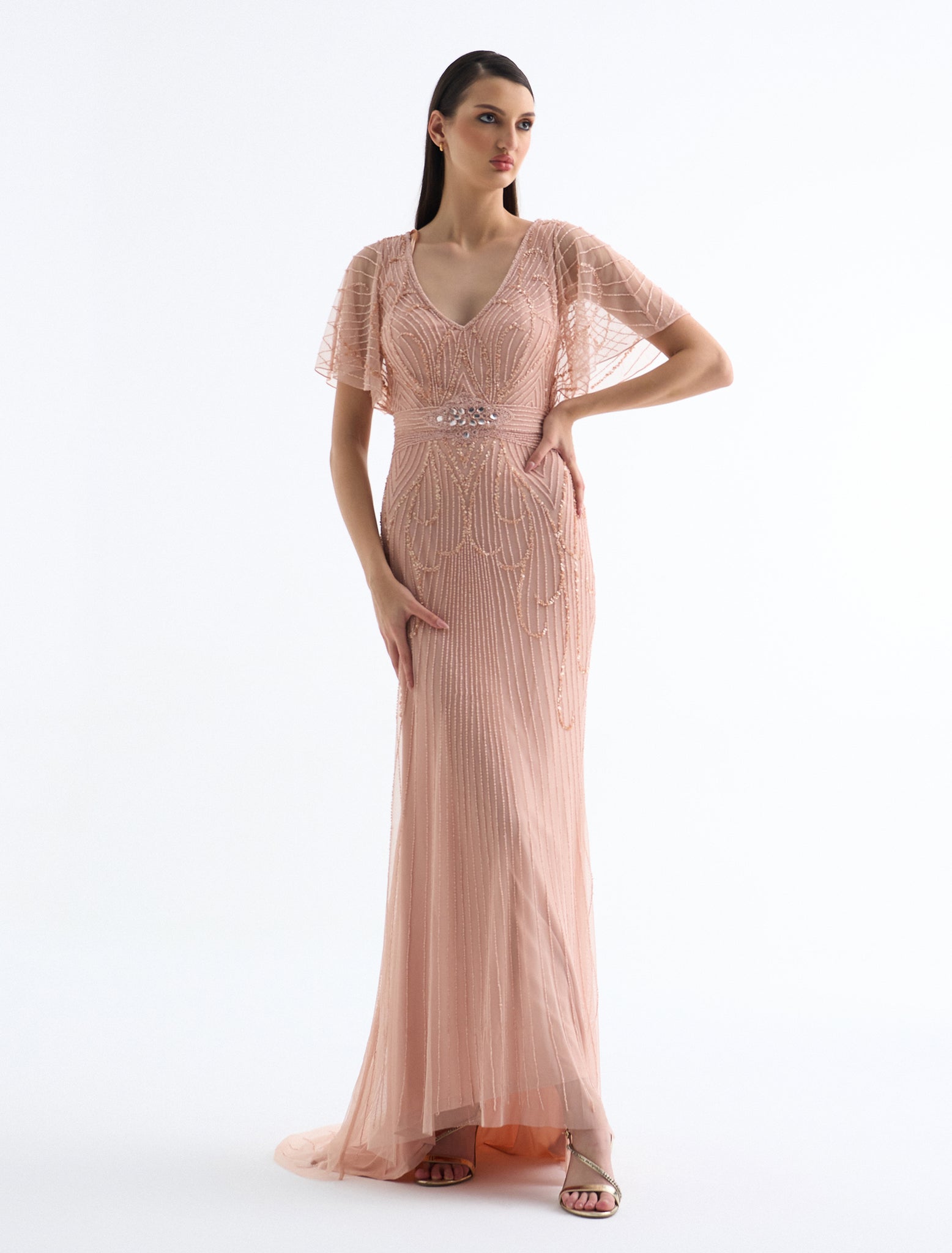 Light Pink Dress with Short Chiffon Sleeves and Hand Embroidery. Light Pink Dress with Short Chiffon Sleeves and Hand Embroidery.